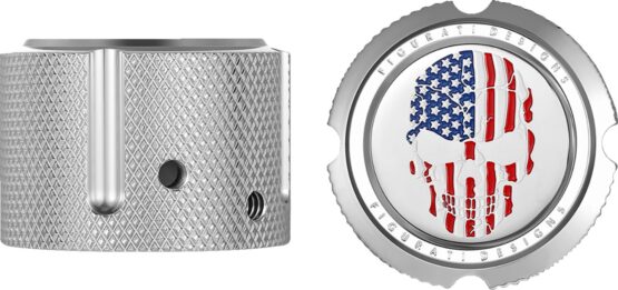 Figurati Designs Front Axle Nut Cover Red White Blue Flag Skull Silver - Image 3