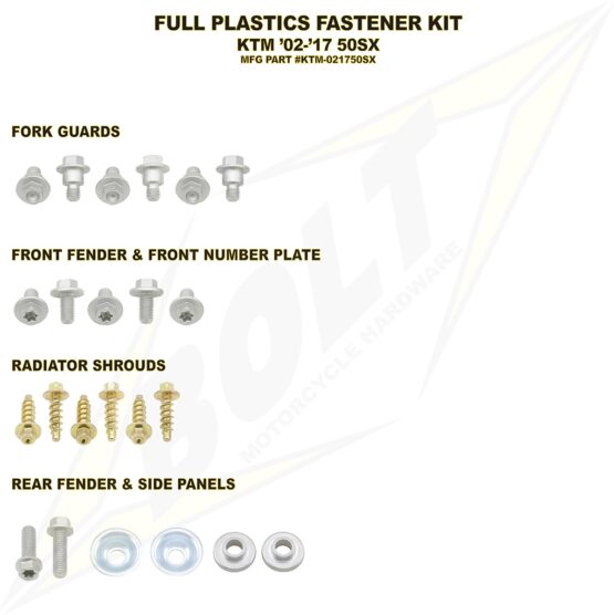 Bolt Full Plastic Fastener Kit Silver Steel Fits 02-19 KTM 50 SX
