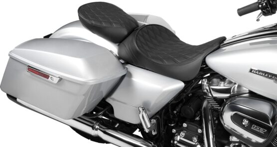 Drag Specialties Wide Rear Passenger Seat Double Diamond Black Stitch FL 97-23 - Image 2