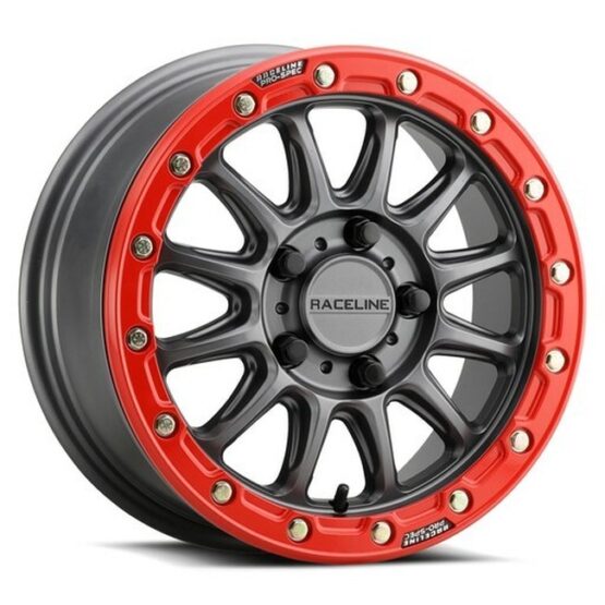 Raceline Alpha Beadlock Wheel 15x10 Gunmetal/Red 5x114.3 +25 For Polaris RZR