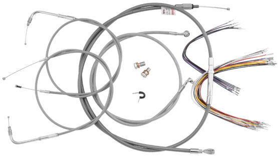 Burly Extended Braided SS Control Cable Kit 14" Bars Silver Fits Softail Non-ABS