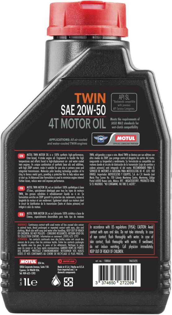 Motul Twin 4T 20W50 Full Synthetic Motorcycle Oil 1 Quart - Image 2