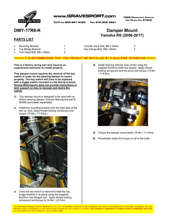 Graves Motorsports Yamaha R6 Works Steering Damper Mount 17-20 - Image 2